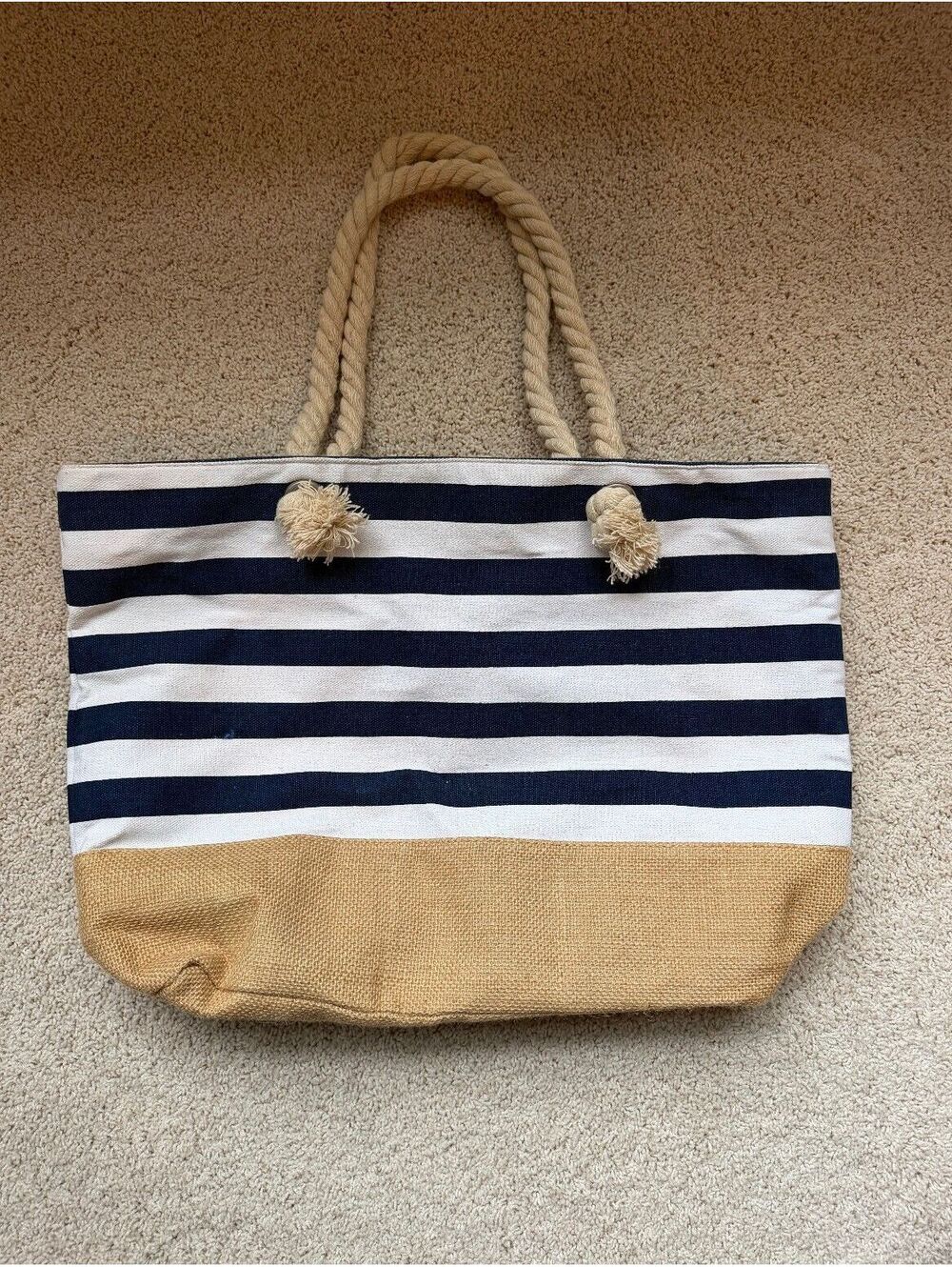 Chadwicks of Boston Navy Blue White Striped Canvas Beach Tote Bag Rope Handles